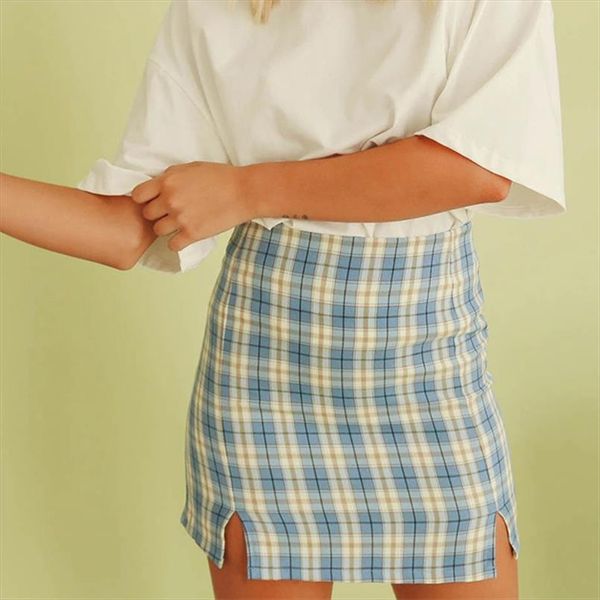 

клетчатый клетчатый сплит сплит хип пакет мини юбка женщины высокая талия стройная фекто юбки женский 2020 осенняя летняя мода леди одежда, Black