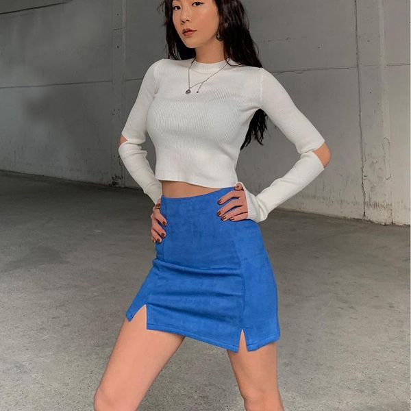 

women mini suede skirt with two splits front kg-1067, Black