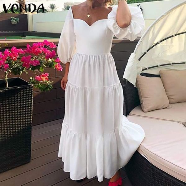 

white dress women summer sundress 2020 vonda 3/4 sleeve square collar ruffled party maxi long dress beach vestido plus size, Black;gray