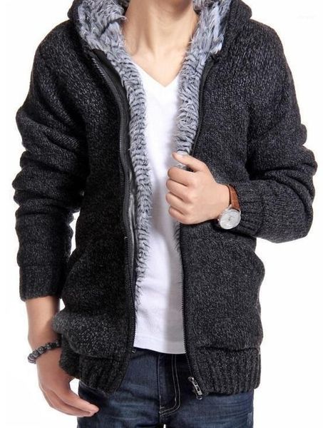 

autumn and winter men's plus velvet thick cashmere hooded casual knit cardigan tide men's jacket 5 color sizes s-2xl1, Black;brown