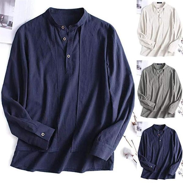 

spring summer long sleeve shirt men solid slim fit shirts standing collar cotton linen men's 3xl casual, White;black