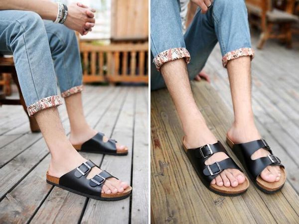 

new summer beach cork slippers sandals casual double buckle clogs sandalias men women slip on flip flops flats shoe, Black
