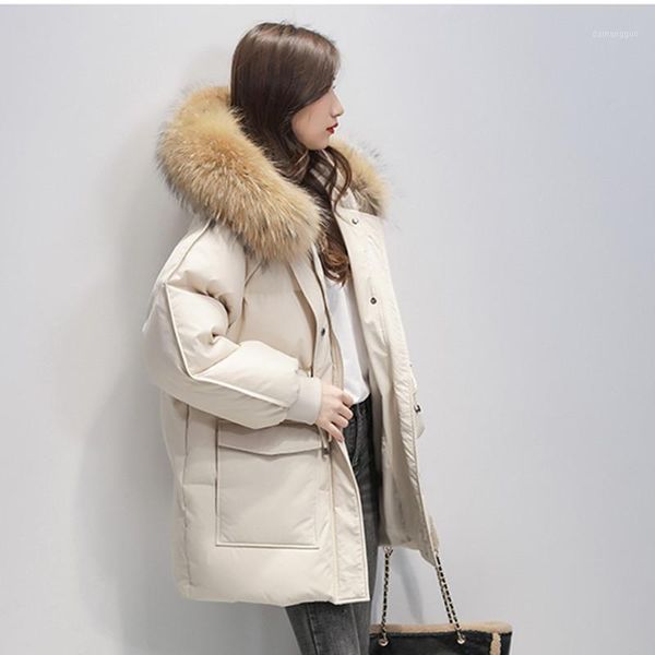 

new brand down jacket 2020 winter women's thick raccoon fur hooded down coat female brand drawstring black jacket1