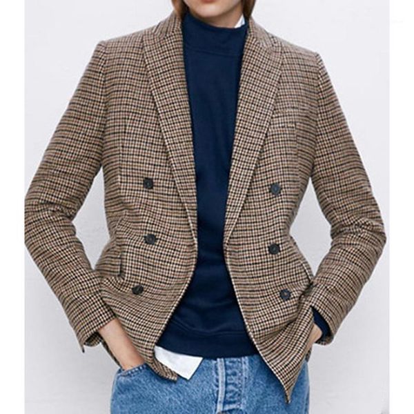 

2020 autumn women blazer casual brown houndstooth plaid print blazers female double breasted jacket office lady outwear blazer1, White;black