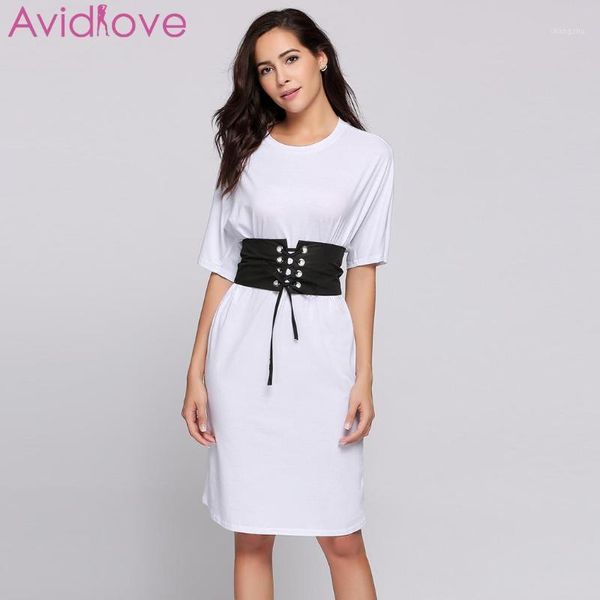 

short sleeve round collar solid belted tee dress high waist casual white knee length natural color women1, Black;gray