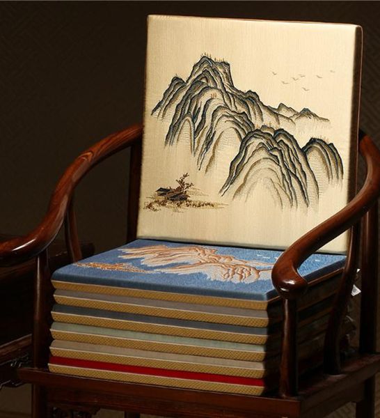 Fein besticktes malerisches Stuhl-Sitzkissen, Sofa-Pad, Büro, Zuhause, dekorativer chinesischer Seidensatin-Sessel, rutschfestes Sitzkissen