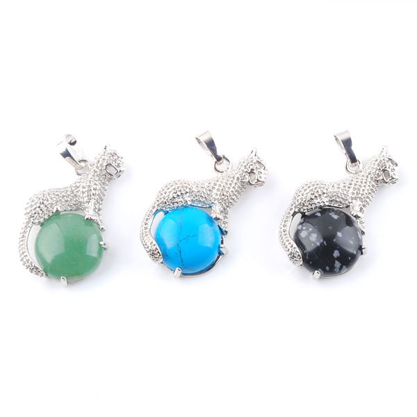 

wojiaer cute leopard pendants for round gem stone natural snow amethyst tigers eye healing charm jewelry bn373, Silver