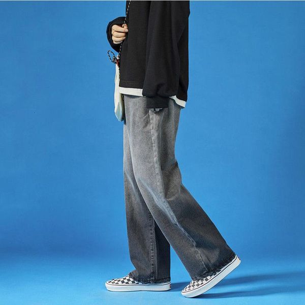 

korean gradient jeans men's fashion casual retro straight wide-leg jeans men streetwear wild loose hip-hop denim pants mens, Blue