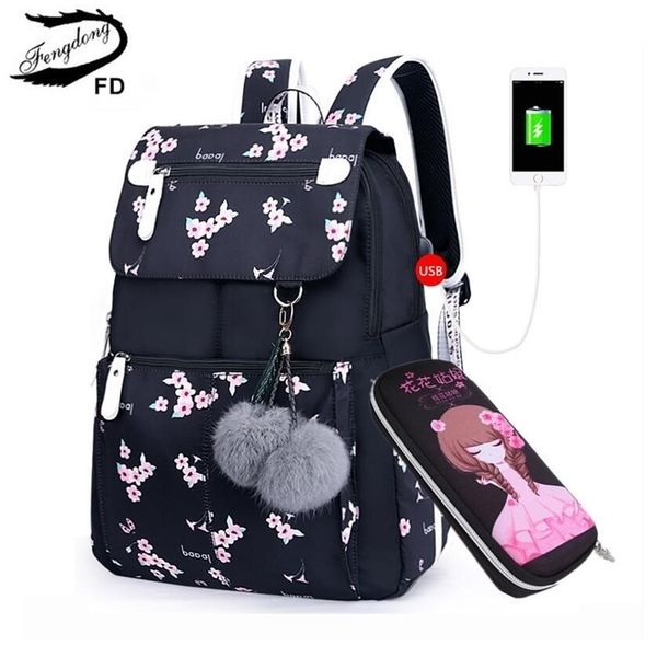 

fengdong kids black pink floral school backpack children school bags for girls student girl cute pen pencil bag set dropshipping t200114