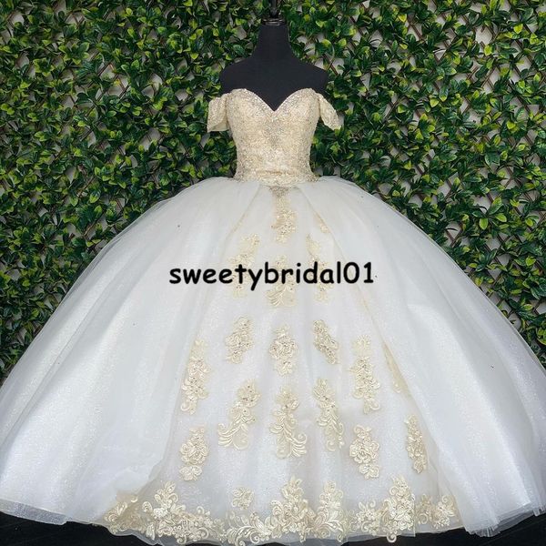 

white champagne lace ball gown quinceanera dresses off shoulder sweet 16 dress party wear bridal boutique princess dress xv aÃ±os, Blue;red