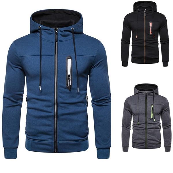 

men's autumn sports slim hoodies sweatshirt simple solid pocket zip hoodie fashion streetwear clothing men tracksuit drawstring, Black