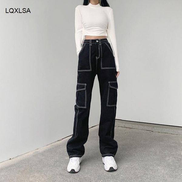

women's jeans high waist woman wide leg denim boyfriend streetwear clothing quality 2021 fashion harajuku pocket straight pants, Blue