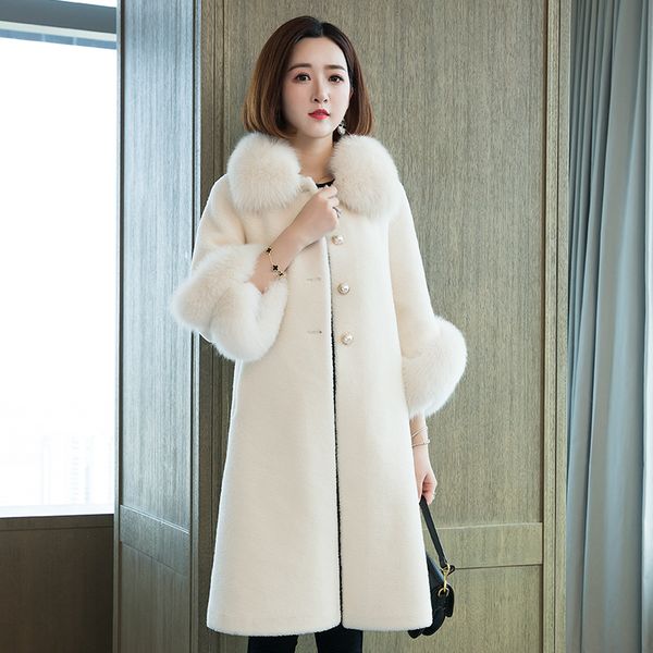 

winter new 2020 royal sheearling ladies coatwith genuine fox-skin collar fists pashmina coat outerwear feminine qsd8, Black