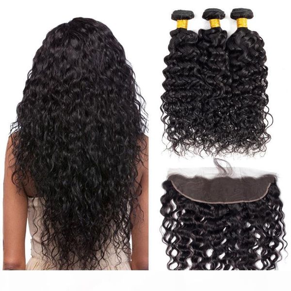 

human hair wefts with closure 13x4 frontal ear to ear brazilian peruvian water wave unprocessed natural hair weave 3 bundles with frontal, Black;brown