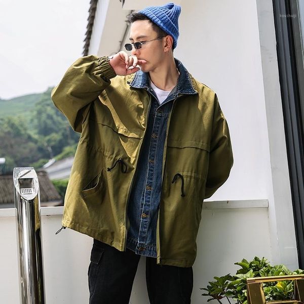 

denim stitching jacket men's fashion solid color casual fake two-piece jacket man streetwear hip-hop loose bomber s-4xl1, Black;brown