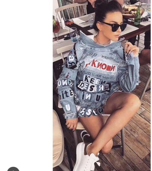 

women's jackets thailand tide brand heavy work graffiti gradient wash water denim jacket letter patch hoop star nail jacket1, Black;brown