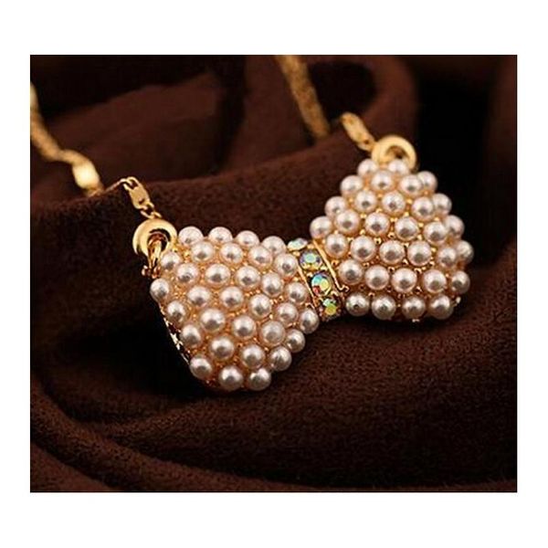 

explosive jewelry fashion small fresh bow pearl necklace sweet bow pearl crystal pendant wholesale shipping ljibp my0y3, Silver