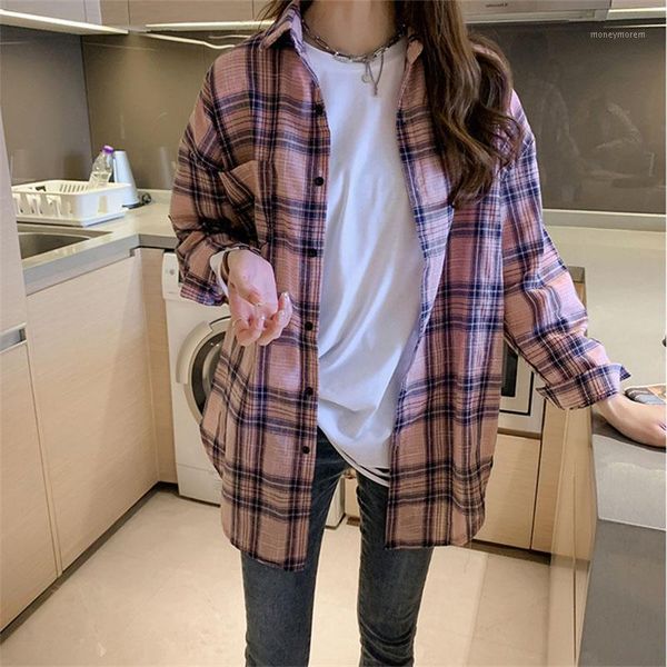 

women's blouses & shirts studyset spring shirt lady long sleeve irregular plaid blouse stylish lapel loose causal plaid1, White