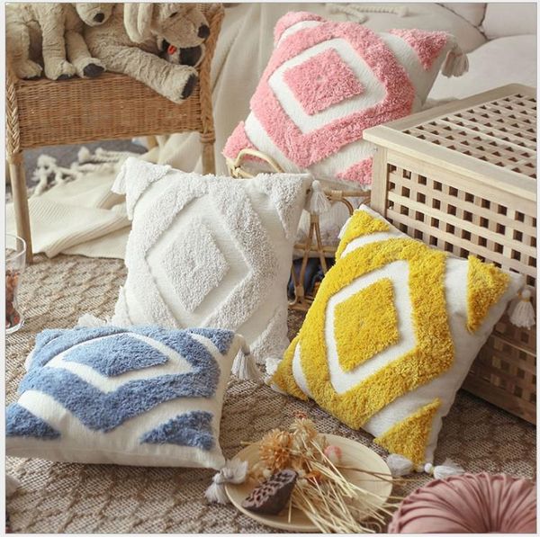 

cushion/decorative pillow beige pink yellow tassels handmade embroidery cushion cover 45x45cm geometric home decor pillowcase sham