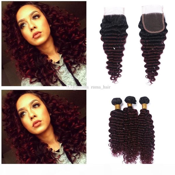 

brazilian 99j weaves 100% human hair extensions deep wave deep curly red win hair 3 bundles 8a burgundy hair with lace closure 16inch, Black;brown
