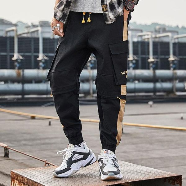 

bannaji new men's drawstring elastic waist cotton cargo hip hop streetwear sweatpants trousers harajuku harem pants for male1, Black