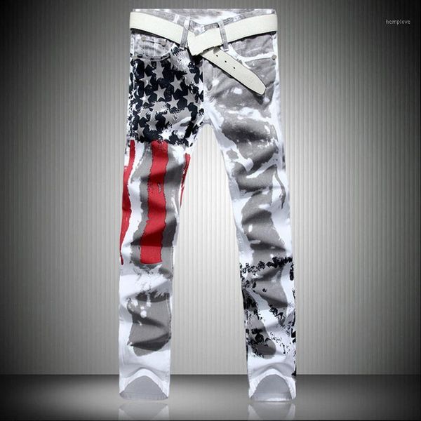 

men's white american flag printed jeans high stretch slim casual five pointed red stripe pants1, Blue