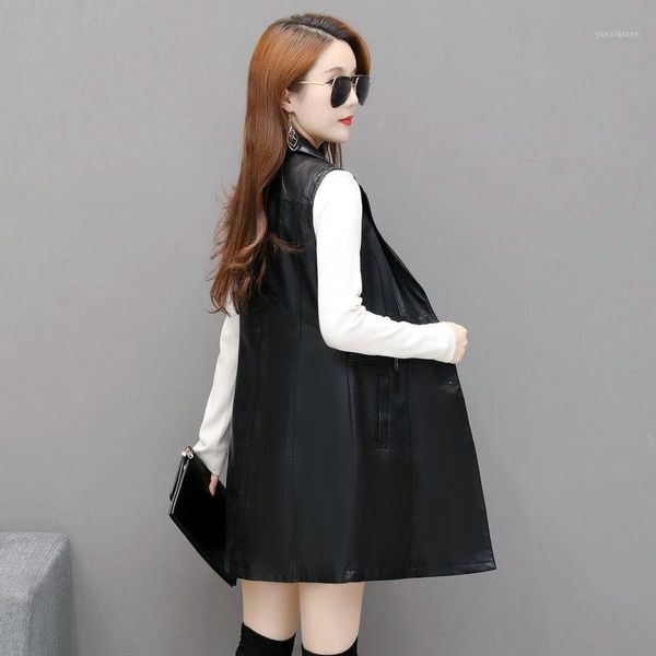 

black sleeveless leather vest women's long section 2020 spring autumn new slim large size 6xl waistcoat pu leather coat kn0211, Black;white
