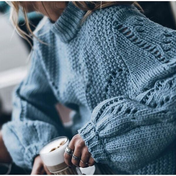 

women's sweaters hollow out loose knitted lantern sleeve o-neck solid pullover sweater female autumn warm ladies pullovers y200720, White;black