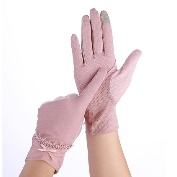 

2021 new women spring gloves pink lace thin stretch touch screen sunscreen anti uv slip resistant driving gloves, Blue;gray