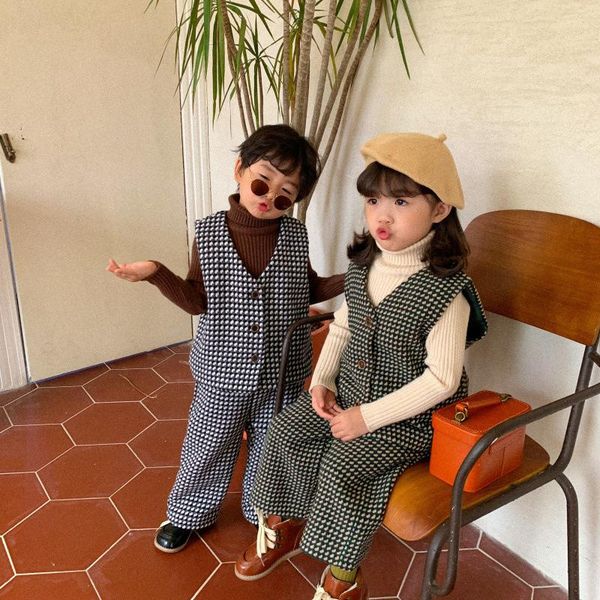 

clothing sets autumn winter 2021 boys and girls plaid sleeveless cotton fashion vest toddler kid casual +trouser two pieces, White