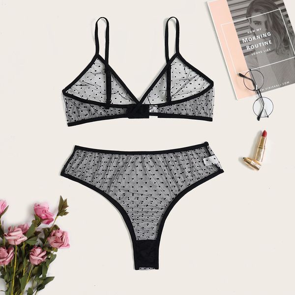 

2020 new three-point womens set mesh sling suit high waist polka dot perspective underwear lingerie babydoll, Black;white