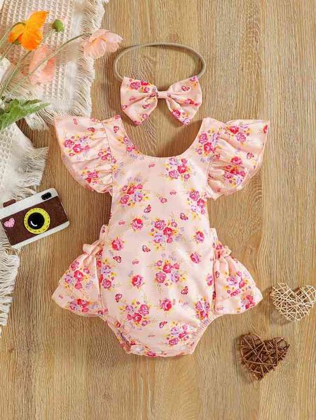 

baby allover floral print ruffle trim bodysuit & headband she, Blue