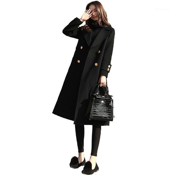 

women's wool & blends autumn winter korean woolen coat women black plus size loose long coats fashion double breasted hepburn clothing
