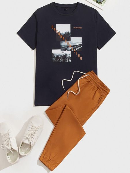 

men letter and picture print & pants p1nr#, Gray