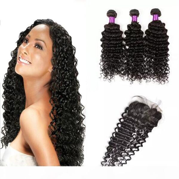 

brazilian deep wave weave 3 bundles with closure unprocessed deep curly virgin human hair weave extensions with lace closure, Black