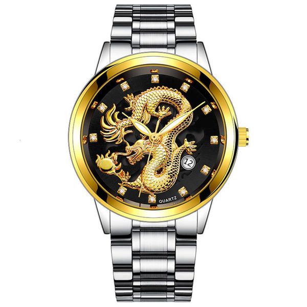 

new chine style embossed golden men's dragon busins watch quartz ultra thin steel band wrist, Slivery;brown