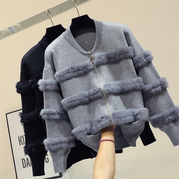 

chic rabbit fur patchwork warm knitted jacket jersey for women zipper design sweaters cardigan new elegant female knitting coat y200910, White;black