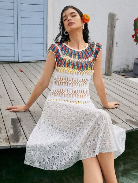 

colorblock crochet cover up without bikini r9g7#, White;black