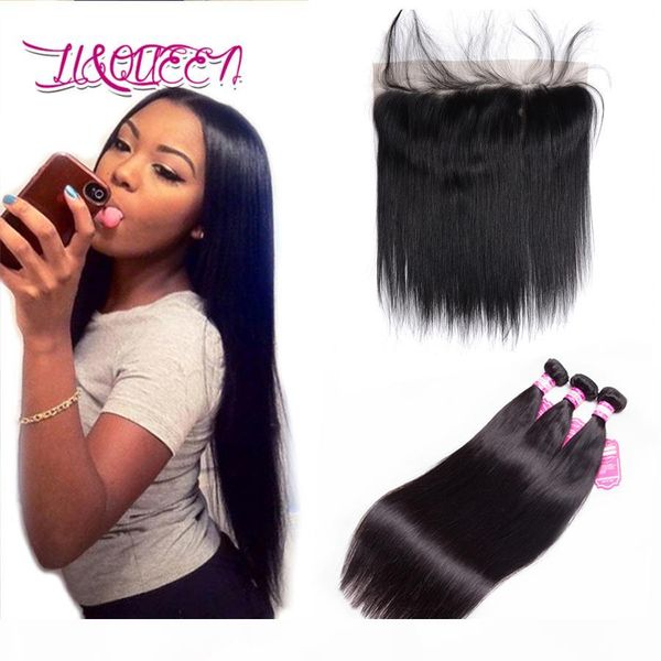 

natural straight hair bundles with 13x4 lace frontal closure indian human hair weft ear to ear frontal closure with baby hair, Black;brown