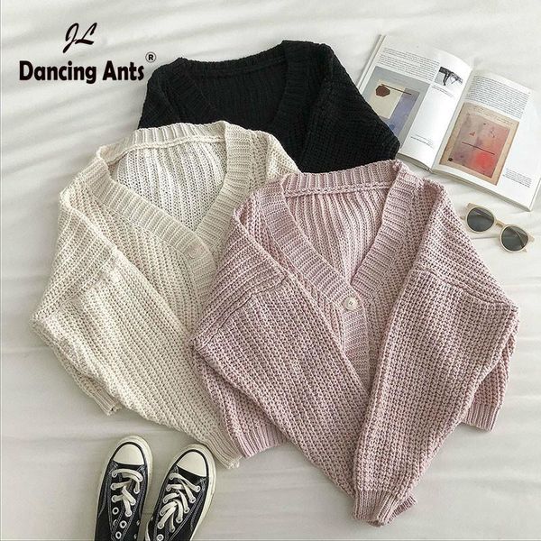 

women knitting sweater long sleeves v-neck female single-button korean loose cardigans autumn or winter vintage sweaters1, White
