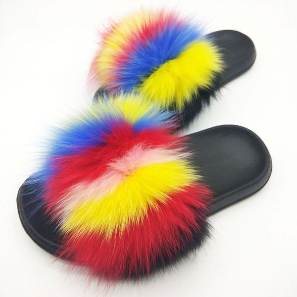 

women's summer fur slippers outside stripe fox fur sandals indoor warm home fluffy plush slippers women slides house flip flops #ay33, Black