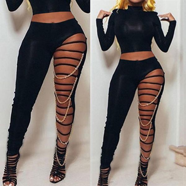 

women's pants & capris 2021 women black hollow out with chain legging fashion trend slim high waist streetwear hole pencil trousers wor, Black;white