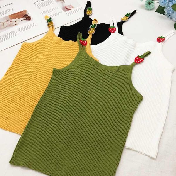 

summer women fashion slim knitting camisole girl's sweet embroidery fruit knit tank for female1, White