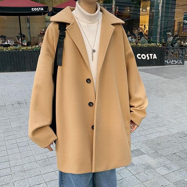 

winter woolen coat men's fashion solid color casual long woolen coat men streetwear loose korean style mens overcoat1, Black