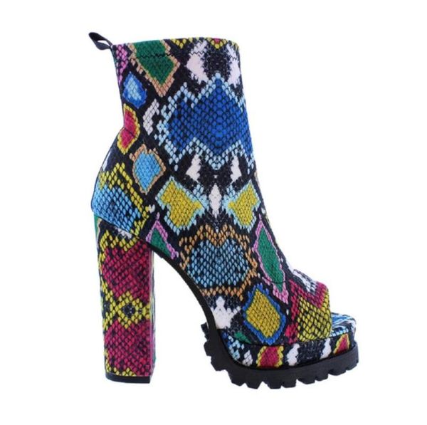 

winter 2020 new women's zipper snake pattern waterproof platform high-heeled thick-soled open toe low-tube boots autumn, Black