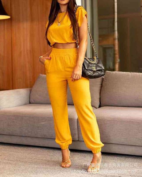 

summer ladies yellow casual suit wide leg pants 2-piece set, White