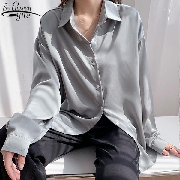 

2020 korean autumn office lady lapel single breasted elegant loose blouse women silk long sleeve women's shirt fashion new 112791, White