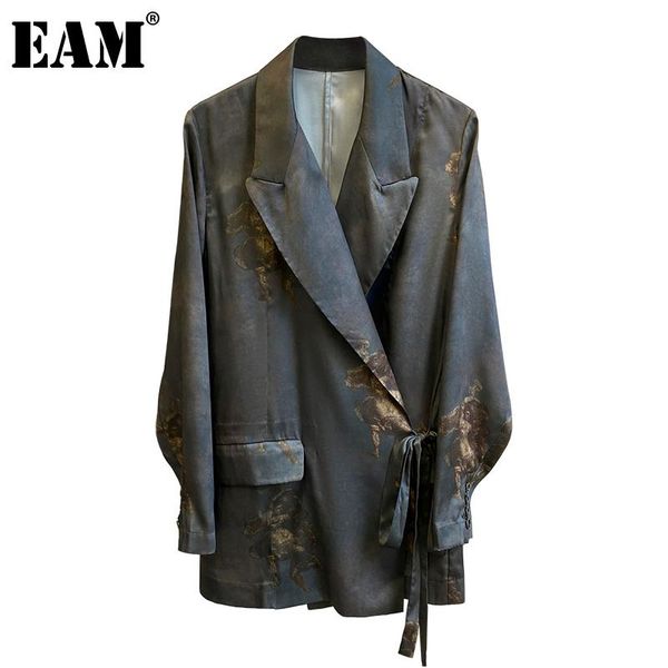 

[eam] women pattern printed big szie long blazer new lapel long sleeve loose fit jacket fashion tide spring autumn 2021 1da212, White;black