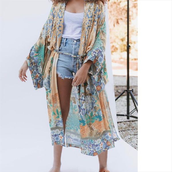 

2019 женщины sexy beach kimono cardigan long blouse солнцезащитный крем флористическая печатная шаль бич ойк бич обложка blusas mujer de mod, White