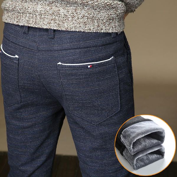 

men's pants winter warm casual fleece men business straight elastic thick plaid cotton trousers clothing joggers, Black